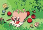  apple bug butterfly butterfly_wings capiller_(kirby) child&#039;s_drawing colored_skin commentary drawing flower food fruit grass highres holding holding_pencil insect_wings kirby kirby_(series) no_humans parasoruoishii pencil signature solid_oval_eyes symbol-only_commentary wings yellow_flower 