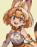  1girl :d animal_ear_fluff animal_ears bare_shoulders beachepisode belt blonde_hair bow bowtie brown_eyes elbow_gloves fang gloves grey_background high-waist_skirt highres kemono_friends looking_at_viewer round_teeth serval_(kemono_friends) serval_print shirt shirt_tucked_in simple_background skirt sleeveless sleeveless_shirt smile solo tail tareme teeth upper_teeth_only white_shirt 