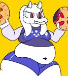 absurd_res anthro belly big_belly dog-1 female food hi_res horn overweight red_eyes slightly_chubby solo thick_thighs toriel undertale_(series) weight_gain