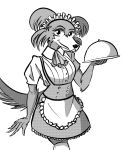 2019 absurd_res anthro apron beastars canid canine canis capaoculta clothing female front_view greyscale hi_res juno_(beastars) looking_at_viewer maid_headdress maid_uniform mammal monochrome portrait screentone simple_background smile solo standing three-quarter_portrait uniform white_background wolf 