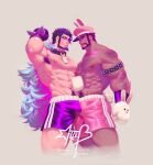  2boys abs animal_ears armpit_hair armpit_hair_peek back_hair bara beard boxing_gloves bulge bulge_press bulges_touching cropped_legs dark-skinned_male dark_skin excessive_armpit_hair expressionless facial_hair filia_(bananafilia) flexing forked_eyebrows from_side full_beard hairy hand_hair hat highres knuckle_hair large_pectorals leg_hair looking_at_another male_focus mature_male multiple_boys muscular muscular_male navel navel_hair necklace_between_pecs nipples object_on_pectorals obliques original peaked_cap pectoral_docking pectoral_press pectorals pink_shorts rabbit_boy rabbit_ears rabbit_paws rabbit_tail short_hair short_shorts shorts smirk sparse_chest_hair stomach tail thick_arm_hair thick_back_hair thick_beard thick_chest_hair thick_eyebrows thick_navel_hair thighs topless_male v-taper wavy_hair wrestling_outfit yaoi 