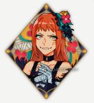  1girl aqua_eyeshadow bandaged_arm bandaged_hand bandages bare_shoulders d4ggerfish eyeliner eyeshadow facial_mark fire_emblem fire_emblem_engage looking_at_viewer makeup orange_hair panette_(fire_emblem) red_eyeliner short_bangs stitched_mouth stitches 