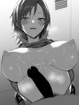 1boy 1girl absurdres after_paizuri blush breasts breasts_apart breath censored cum cum_on_body cum_on_breasts cum_on_upper_body elbow_pads heavy_breathing highres kazama_asuka large_breasts looking_at_viewer nipples no_bra open_mouth paizuri penis pov shirt_lift short_jumpsuit smile solo_focus tekken tetsuo_(tetuo1129) unzipped 