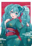  1girl 2024 :d absurdres ame_iroo blue_eyes blue_flower blue_hair blue_kimono blush border cowboy_shot crossed_bangs egasumi floral_print flower flower_knot hair_between_eyes hair_flower hair_ornament happy_new_year hatsune_miku highres japanese_clothes kimono long_hair long_sleeves looking_at_viewer nail_polish nengajou new_year obi open_mouth outside_border print_kimono red_background red_nails sash sidelocks smile solo twintails very_long_hair vocaloid white_border white_flower wide_sleeves 