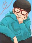  1boy black_hair black_pants blue_background blue_hoodie closed_eyes facial_hair facing_viewer franky_franklin glasses head_rest heart hood hoodie male_focus ouka_(gegege_853suki) pants red-framed_eyewear sideburns sitting smile solo spy_x_family stubble 