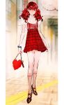  1girl arms_at_sides bag bow chain collarbone dress eyebrows_visible_through_hair frilled_dress frills hair_bow handbag heart high_heels highres huangdanlan indoors kneehighs persona persona_5 plaid plaid_dress pleated_dress red_bow red_dress red_eyes red_hair scrunchie solo standing twintails wrist_scrunchie yoshizawa_kasumi 