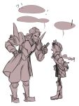  1boy 1girl arguing armor boots fire_emblem fire_emblem_engage framme_(fire_emblem) full_body kraziekazoo plaid_headwear speech_bubble vander_(fire_emblem) wrist_guards 