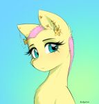 blue_eyes buzz_cut ear_piercing equid equine eyelashes fluttershy_(mlp) friendship_is_magic fur gradient_background hair hasbro hi_res katputze mammal my_little_pony piercing pink_hair simple_background ukulilia yellow_body yellow_fur