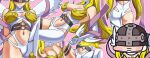  1girl angewomon ass blonde_hair breasts chibi clothing_cutout digimon digimon_adventure helmet jazz_jack large_breasts long_hair multiple_views navel navel_cutout pink_background simple_background sitting smile standing 