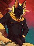 2024 abs absurd_res amulet anthro anubian_jackal anubis balls biceps big_penis bracelet canid canine canis cape clothing deity egyptian egyptian_mythology erection eyebrows foreskin fur gem genitals gold_(metal) grass halo hi_res humanoid_genitalia humanoid_penis jackal jewelry kovar looking_at_viewer male mammal middle_eastern_mythology muscular muscular_anthro muscular_male mythology navel necklace nipples nude pecs penis plant presenting presenting_penis rock signature sky smile solo standing thick_penis tuft