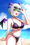  1girl absurdres apricot_the_lich beach bikini black_bikini black_choker breasts choker cloud collarbone eyewear_on_head fang green_eyes green_hair grey_hair highres horns likuo multicolored_hair navel ocean open_mouth purple_horns purple_nails shore skin_fang sky solo streaked_hair sunglasses swimsuit twitter_username virtual_youtuber vshojo wings 