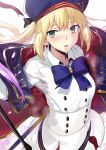 1girl artoria_pendragon_(all) artoria_pendragon_(caster) bangs blonde_hair blush bow bowtie breasts capelet commentary dress eyebrows_visible_through_hair fate/grand_order fate_(series) gloves green_eyes hair_between_eyes hat hews_hack highres holding holding_staff long_hair long_sleeves looking_at_viewer open_mouth pantyhose simple_background solo staff sweat twintails white_background 