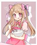  1girl apron artist_name blonde_hair blush border bowl chaos_marie_(grimms_notes) cooking grimms_notes hair_ribbon holding holding_bowl long_hair looking_down pink_apron puffy_short_sleeves puffy_sleeves ribbon short_sleeves simple_background smile solo tongue tongue_out upper_body whisk white_border yzkt_813 