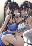  1girl :d arm_strap bare_shoulders black_hair black_necktie blue_dress blue_eyes blurry blush breasts brown_hair dark-skinned_female dark_skin dress earrings goddess_of_victory:_nikke hair_between_eyes hair_ornament hairclip highres jacket jewelry large_breasts long_hair looking_at_viewer multicolored_hair navel necktie noise_(nikke) official_alternate_costume open_mouth parted_lips ponytail revision ring sky-freedom smile thigh_strap thighs two-tone_hair white_jacket 