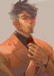  1boy absurdres ace_attorney aged_down beard damon_gant facial_hair green_eyes grey_hair hair_between_eyes highres jacket necktie orange_jacket red_necktie simple_background solo upper_body vm_(as92402) 