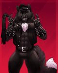 abs absurd_res afoxywitch anthro athletic black_body black_fur bottomwear canid canine canis clothing fangs fur hi_res leather leather_clothing male mammal muscular pants smile solo spikes teeth tight_bottomwear tight_clothing tight_pants were werecanid werecanine werewolf whip wolf