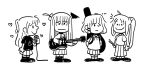  4girls bocchi_the_rock! charles_schulz_(style) cube_hair_ornament drumsticks electric_guitar english_commentary gotoh_hitori guitar guitar_case hair_ornament highres ijichi_nijika instrument instrument_case jacket kita_ikuyo lineart long_hair microphone multiple_girls parody peanuts pleated_skirt richie_piacentini school_uniform short_hair side_ponytail skirt smile style_parody two_side_up wavy_mouth yamada_ryo 