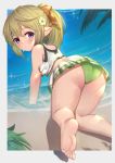  1girl all_fours ass bangs bare_arms bare_legs bare_shoulders barefoot beach bikini blush bow brown_bow brown_hair closed_mouth commentary_request eyebrows_visible_through_hair feet granblue_fantasy hair_between_eyes hair_bow harvin looking_at_viewer looking_back mimlememel ponytail purple_eyes sand soles solo swimsuit uneg water wet white_bikini 