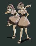  2girls :o absurdres apron bara_to_tsubaki black_dress brown_hair dress ganganhmbo hand_on_own_hip hand_up highres maid maid_apron multiple_girls sandals short_hair short_sleeves siblings simple_background sisters standing standing_on_one_leg sweatdrop twins 