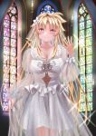  blonde_hair blush breasts candle church cleavage collarbone dress fate_testarossa flower hair_flower hair_ornament highres jewelry long_hair looking_at_viewer lyrical_nanoha mahou_shoujo_lyrical_nanoha_strikers red_eyes ring see-through see-through_sleeves smile sougetsu_izuki stained_glass very_long_hair wedding_dress wedding_ring 