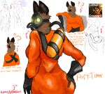 armedantagonist breasts butt butt_focus butt_grab clothing dialogue female fur gas_mask gas_tank gloves glowing glowing_eyes hand_on_butt handwear hazmat_suit hi_res humanoid hyena lethalcreature_(darnhyena) looking_at_another looking_at_viewer mammal mask part-timer_(armedantagonist) sketch sketch_background solo spread_butt spreading