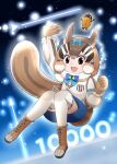  1girl acorn animal_ears boots brown_eyes brown_hair chipmunk_ears chipmunk_girl chipmunk_tail extra_ears gloves highres hissaa_(hisser) kemono_friends kemono_friends_v_project microphone ribbon shirt short_hair shorts siberian_chipmunk_(kemono_friends) tail thighhighs vest virtual_youtuber 