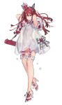  1girl animal_ears armpits arms_behind_head crown dress fake_animal_ears full_body high_heels long_hair looking_at_viewer mini_crown moon original red_eyes red_hair see-through simple_background solo standing starshadowmagician white_background white_dress 