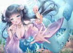  1girl :d air_bubble bikini bikini_under_clothes black_bikini black_hair blue_eyes breasts bubble cleavage commentary_request coral day fish floating_hair hair_rings japanese_clothes kimono kohinata_hoshimi long_hair long_sleeves looking_at_viewer medium_breasts mermaid monster_girl off_shoulder original outdoors purple_kimono seahorse shell_hair_ornament smile solo swimsuit underwater very_long_hair water wide_sleeves 