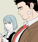  1boy 1girl ace_attorney black_hair black_vest blue_hair book bow closed_mouth dick_gumshoe franziska_von_karma girl_staring_at_guys_chest_(meme) goatee_stubble grey_background grey_eyes gwiga0 highres holding holding_book meme mole mole_under_eye necktie pencil_behind_ear red_necktie shirt sideburns sideburns_stubble simple_background sketch vest white_bow white_shirt 