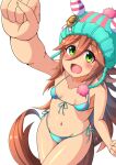  animal_ears apoj arm_up beanie blush breasts brown_hair clenched_hands collarbone green_eyes hair_between_eyes hair_ornament hat horse_ears horse_girl horse_tail looking_at_viewer navel open_mouth pom_pom_beanie samson_big_(umamusume) small_breasts swimsuit tail umamusume white_background 