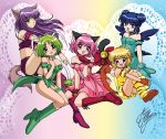  5girls aizawa_mint animal_ears blonde_hair blue_gloves blue_hair bubble_skirt cat_ears cat_tail choker dress fong_pudding fujiwara_zakuro gloves green_hair leg_garter long_hair looking_at_viewer magical_girl marco_albiero mew_ichigo mew_lettuce mew_mint mew_pudding mew_zakuro midorikawa_lettuce momomiya_ichigo monkey_tail multiple_girls one_eye_closed open_mouth parted_lips pink_choker pink_dress pink_eyes pink_hair puffy_sleeves purple_hair red_gloves red_ribbon ribbon short_hair skirt sleeveless sleeveless_dress smile standing strapless tail tied_hair tokyo_mew_mew yellow_eyes 