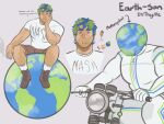  1boy artist_request bara bored collage cropped_torso earth-chan earth-san earth_(planet) earth_day english_text expressionless full_body genderswap genderswap_(ftm) giant giant_male green_hair highres lip_piercing male_focus multicolored_hair muscular muscular_male nasa object_head on_motorcycle original pectorals piercing planet print_shirt shirt short_hair short_shorts shorts sideburns_stubble sparse_stubble straight-on t-shirt thick_eyebrows two-tone_hair 