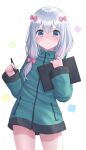  1girl absurdres blue_eyes blush bow closed_mouth eromanga_sensei green_jacket hair_bow highres holding holding_stylus holding_tablet_pc izumi_sagiri jacket long_hair long_sleeves looking_at_viewer pink_bow seungju_lee solo standing stylus tablet_pc tears thighs white_background white_hair 