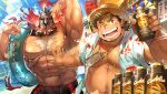  2boys abs andvari_(housamo) bara bare_pectorals dwarf embers fai_(fai-storage) flexing glowing glowing_eyes hawaiian_shirt helmet holding_floatie large_pectorals multiple_boys muscular muscular_male official_art one_eye_closed pectorals pointy_ears shirt sideburns surtr_(housamo) swimsuit thick_chest_hair thick_eyebrows tokyo_afterschool_summoners 