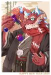 anthro asian_clothing bamboo chinese_zodiac claws clothing dragon east_asian_clothing eyewear galvo glasses hi_res horn japanese_clothing kimono lifewonders live_a_hero male mature_male mount_fuji new_year_2024 ottyo_kope red_body scarf solo year_of_the_dragon