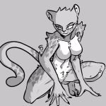  1:1 anthro breasts capaoculta cheetah cheetah_(dc) crotch_tuft crouching dc_comics featureless_breasts felid feline female front_view full-length_portrait grey_background greyscale hi_res humanoid_hands justice_league mammal monochrome portrait simple_background solo spots tuft 