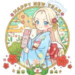  1girl 2024 blonde_hair blue_archive blue_eyes blue_halo blue_kimono blush chinese_zodiac closed_mouth commentary_request floral_print halo happy_new_year japanese_clothes kimono long_hair long_sleeves looking_at_viewer obi omikuji onyhakase peroro_(blue_archive) print_kimono sash smile solo sora_(blue_archive) very_long_hair year_of_the_dragon 
