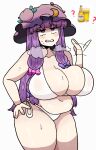  1girl bare_shoulders belly bikini blush bow breasts cleavage collarbone crescent crescent_hat_ornament hair_bow hair_ornament hat hat_ornament huge_breasts large_breasts long_hair mob_cap modelo_(beer) navel notnoe_(dxcl) open_mouth patchouli_knowledge plump purple_eyes purple_hair ribbon solo steaming_body stomach swimsuit thighs touhou white_bikini wide_hips 
