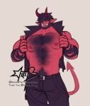  1boy absurdres bara bare_pectorals beard colored_skin demon_boy demon_boy_(afteralterna) demon_horns facial_hair facing_viewer feet_out_of_frame filia_(bananafilia) full_beard hair_over_eyes hairy highres horns huge_pectorals male_focus mature_male muscular muscular_male navel_hair nipples opened_by_self original pectorals pointy_ears red_skin short_hair solo standing strongman_waist superman_exposure thick_beard thick_chest_hair thick_navel_hair tusks undressing 