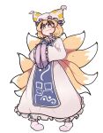  1girl closed_mouth commentary_request dress fox_tail full_body hands_in_opposite_sleeves hat highres linkaluote long_sleeves looking_at_viewer mob_cap multiple_tails solo tail touhou white_dress white_footwear white_headwear yakumo_ran yellow_eyes 