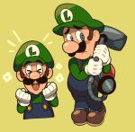  :d blue_eyes blue_overalls blush blush_stickers bright_pupils brown_footwear closed_eyes facial_hair flower frown gloves green_headwear green_shirt highres holding long_sleeves loveycloud luigi luigi&#039;s_mansion mario_(series) multiple_views mustache notice_lines overalls poltergust_3000 shirt shoes sideburns simple_background smile white_gloves white_pupils worried yellow_background 
