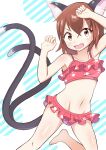  1girl absurdres animal_ear_piercing animal_ears arm_up bare_arms bare_legs barefoot bikini blush breasts brown_eyes brown_hair chen commentary_request dot_nose earrings fang foot_out_of_frame forked_tail frills groin hair_between_eyes hands_up highres jewelry kawakami_nako leg_up looking_at_viewer navel nekomata no_headwear open_mouth paw_print red_bikini short_hair simple_background single_earring small_breasts solo swimsuit tail touhou v-shaped_eyebrows white_background 