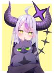  1girl absurdres ahoge animal black_horns blush braid braided_bangs chestnut_mouth collar commentary_request crow_(la+_darknesss) demon_girl demon_horns double-parted_bangs grey_hair heart heart-shaped_pupils highres holding holding_animal hololive horns huge_horns kamaboko_(kmm15a) la+_darknesss la+_darknesss_(1st_costume) long_hair looking_at_viewer metal_collar multicolored_hair open_mouth pointy_ears purple_hair simple_background sleeves_past_fingers sleeves_past_wrists solo streaked_hair striped_horns symbol-shaped_pupils tail virtual_youtuber yellow_background yellow_eyes 