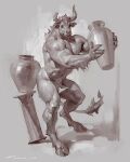 2023 abs anthro biceps big_muscles bottomwear bovid bovine bump cattle clothed clothing deltoids fur grey_background greyscale hair hi_res holding_object hooves horn loincloth male mammal monochrome muscular muscular_anthro muscular_male obliques painterly serratus shadow signature simple_background solo standing taran_fiddler topless topless_anthro topless_male tuft vase