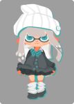  1girl aqua_bow aqua_bowtie aqua_eyes aqua_outline beanie black_footwear black_skirt blush_stickers bow bowtie buttons closed_mouth collared_shirt fashion full_body grey_background grey_hair grey_jacket grey_sleeves hat inkling inkling_girl jacket long_hair long_sleeves looking_at_viewer miniskirt pleated_skirt pointy_ears pushpin rizu_(rizunm) shirt shoes simple_background skirt smile solo splatoon_(series) straight-on striped striped_bow striped_bowtie sweater_jacket tentacle_hair twitter_username white_headwear white_leg_warmers white_shirt 