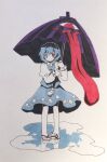  1girl blue_eyes blue_hair blue_skirt blue_vest closed_mouth colored_skin commentary_request flat_chest frilled_sleeves frills full_body geta heterochromia holding holding_umbrella juliet_sleeves kaigen_1025 long_sleeves marker_(medium) no_nose puddle puffy_sleeves purple_umbrella red_eyes shirt short_hair simple_background skirt solo tatara_kogasa touhou traditional_media umbrella vest white_background white_shirt white_skin 