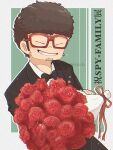  1boy artist_name black_bow black_bowtie black_hair black_suit bouquet bow bowtie closed_eyes copyright_name earrings facial_hair facing_viewer franky_franklin glasses green_background holding holding_bouquet jewelry male_focus ouka_(gegege_853suki) red-framed_eyewear sideburns single_earring solo spy_x_family stubble suit 