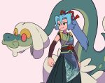  1girl blue_hair clair_(new_year&#039;s_2024)_(pokemon) clair_(pokemon) commentary_request drampa earrings eyelashes flipped_hair grey_background grin hair_between_eyes hakama hakama_skirt japanese_clothes jewelry long_hair looking_to_the_side official_alternate_costume pokemon pokemon_(creature) pokemon_masters_ex ponytail red_ribbon ribbon sash skirt smile standing teeth tyako_089 