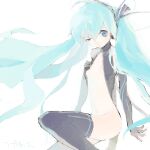  1girl ahoge alternate_costume aqua_hair arm_at_side bad_drawr_id bad_id black_gloves black_thighhighs blue_eyes breasts cowboy_shot d; elbow_gloves floating_hair gloves groin hair_between_eyes hand_on_own_chest hand_up hatsune_miku knee_up long_hair looking_at_viewer navel no_nose no_panties oekaki ohiam one_eye_closed pale_color parted_lips simple_background small_breasts solo stomach swept_bangs tareme thighhighs turtleneck twintails very_long_hair vocaloid white_background 