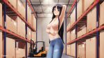  1girl absurdres akiyama_mio alternate_breast_size arm_up armpits artist_name black_eyes black_hair blue_pants box bracelet breasts cardboard_box commission denim dreizerel forklift highres hime_cut indoors jeans jewelry k-on! long_hair looking_at_viewer motor_vehicle necklace nipples pants sidelocks small_breasts solo standing topless warehouse watermark 
